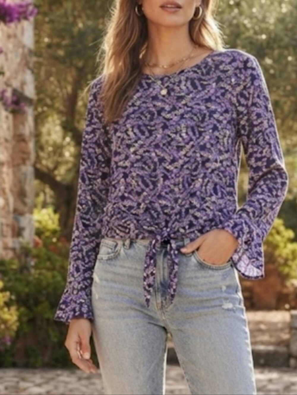 Vibrant Purple Floral Tie-Front Long Sleeve Top  Size Large